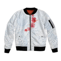 Hawaiian Tribal Tattoo and Hibiscus Sleeve Zip Bomber Jacket Polynesian Pattern Airy White Blue Cloud