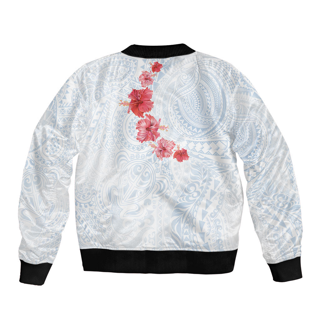 Hawaiian Tribal Tattoo and Hibiscus Sleeve Zip Bomber Jacket Polynesian Pattern Airy White Blue Cloud