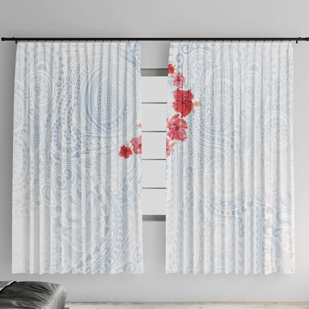 Hawaiian Tribal Tattoo and Hibiscus Window Curtain Polynesian Pattern Airy White Blue Cloud LT03 With Hooks White - Polynesian Pride