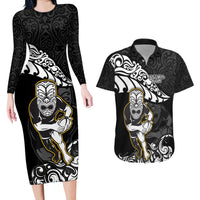 New Zealand Rugby Couples Matching Long Sleeve Bodycon Dress and Hawaiian Shirt Maori Warrior Rugby Silver Fern Tribal Pattern LT03 Black - Polynesian Pride