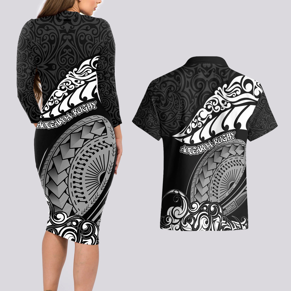 New Zealand Rugby Couples Matching Long Sleeve Bodycon Dress and Hawaiian Shirt Maori Warrior Rugby Silver Fern Tribal Pattern LT03 - Polynesian Pride