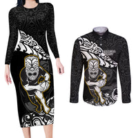 New Zealand Rugby Couples Matching Long Sleeve Bodycon Dress and Long Sleeve Button Shirts Maori Warrior Rugby Silver Fern Tribal Pattern LT03 Black - Polynesian Pride