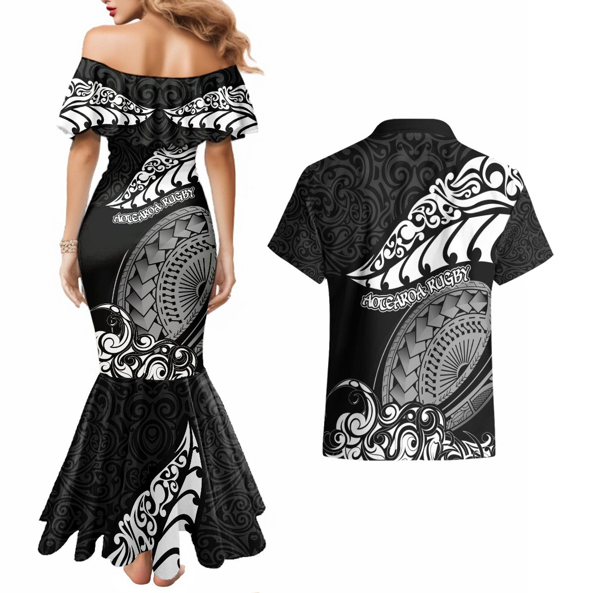 New Zealand Rugby Couples Matching Mermaid Dress and Hawaiian Shirt Maori Warrior Rugby Silver Fern Tribal Pattern LT03 - Polynesian Pride