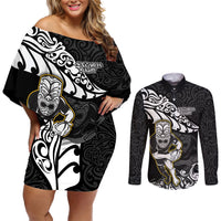 New Zealand Rugby Couples Matching Off Shoulder Short Dress and Long Sleeve Button Shirts Maori Warrior Rugby Silver Fern Tribal Pattern LT03 Black - Polynesian Pride