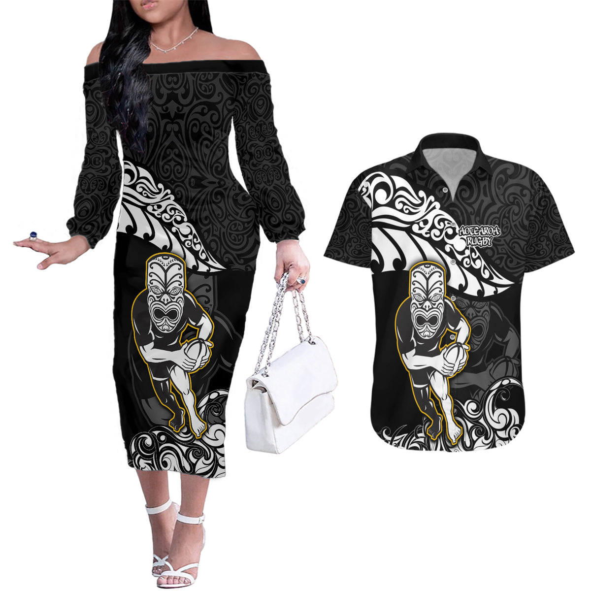 New Zealand Rugby Couples Matching Off The Shoulder Long Sleeve Dress and Hawaiian Shirt Maori Warrior Rugby Silver Fern Tribal Pattern LT03 Black - Polynesian Pride