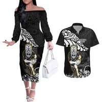 New Zealand Rugby Couples Matching Off The Shoulder Long Sleeve Dress and Hawaiian Shirt Maori Warrior Rugby Silver Fern Tribal Pattern LT03 Black - Polynesian Pride