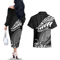 New Zealand Rugby Couples Matching Off The Shoulder Long Sleeve Dress and Hawaiian Shirt Maori Warrior Rugby Silver Fern Tribal Pattern LT03 - Polynesian Pride