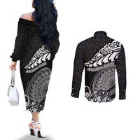 New Zealand Rugby Couples Matching Off The Shoulder Long Sleeve Dress and Long Sleeve Button Shirts Maori Warrior Rugby Silver Fern Tribal Pattern LT03 - Polynesian Pride