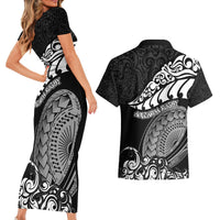 New Zealand Rugby Couples Matching Short Sleeve Bodycon Dress and Hawaiian Shirt Maori Warrior Rugby Silver Fern Tribal Pattern LT03 - Polynesian Pride