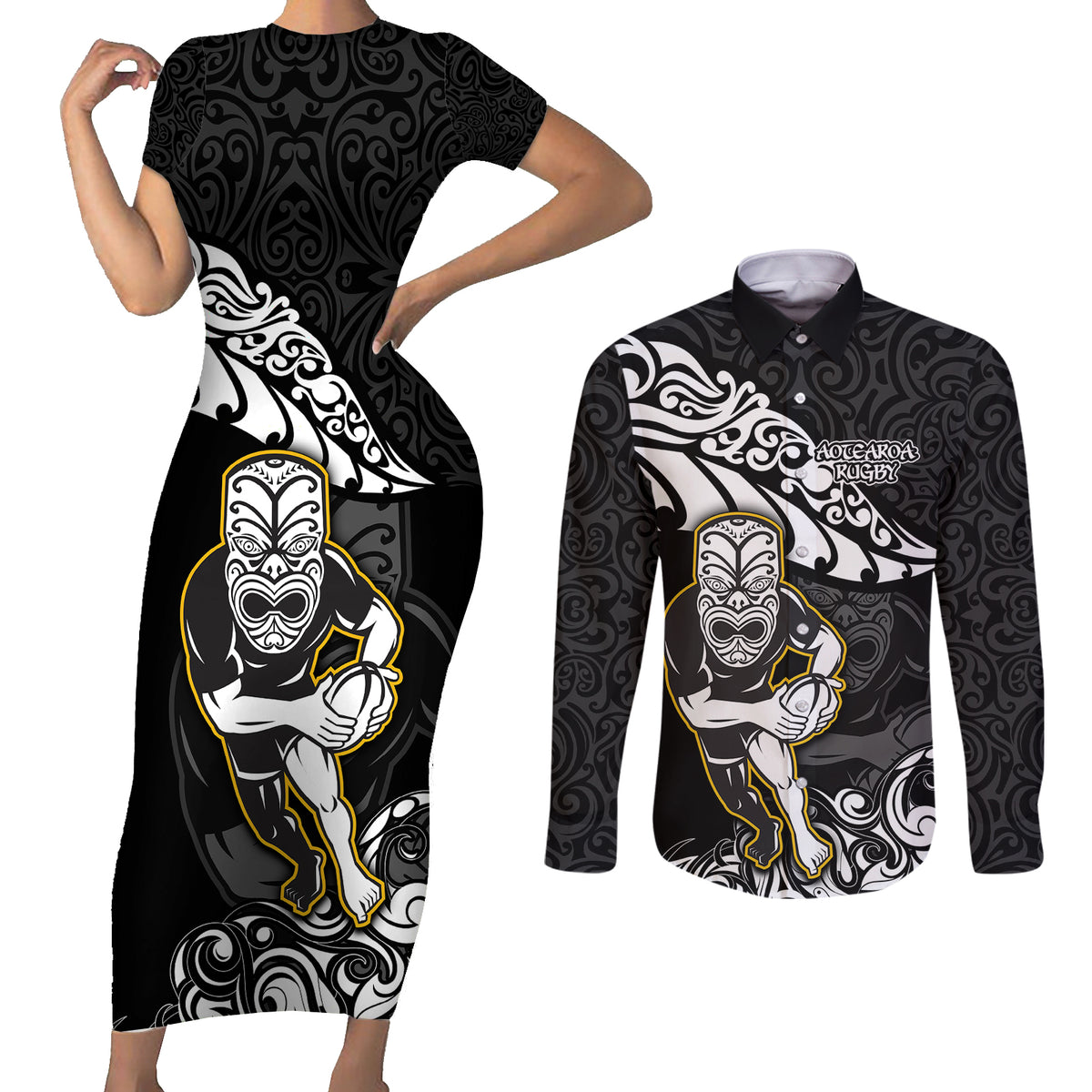 New Zealand Rugby Couples Matching Short Sleeve Bodycon Dress and Long Sleeve Button Shirts Maori Warrior Rugby Silver Fern Tribal Pattern LT03 Black - Polynesian Pride