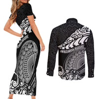New Zealand Rugby Couples Matching Short Sleeve Bodycon Dress and Long Sleeve Button Shirts Maori Warrior Rugby Silver Fern Tribal Pattern LT03 - Polynesian Pride