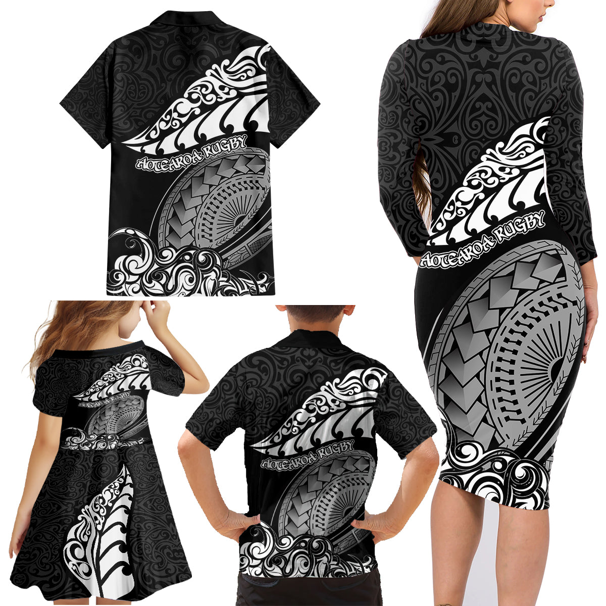 New Zealand Rugby Family Matching Long Sleeve Bodycon Dress and Hawaiian Shirt Maori Warrior Rugby Silver Fern Tribal Pattern LT03 - Polynesian Pride