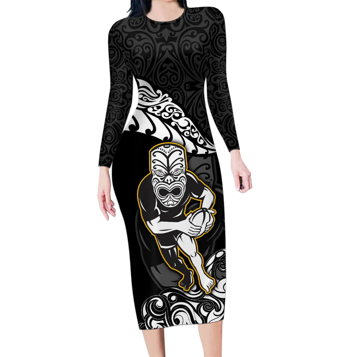 New Zealand Rugby Family Matching Long Sleeve Bodycon Dress and Hawaiian Shirt Maori Warrior Rugby Silver Fern Tribal Pattern LT03 Mom's Dress Black - Polynesian Pride