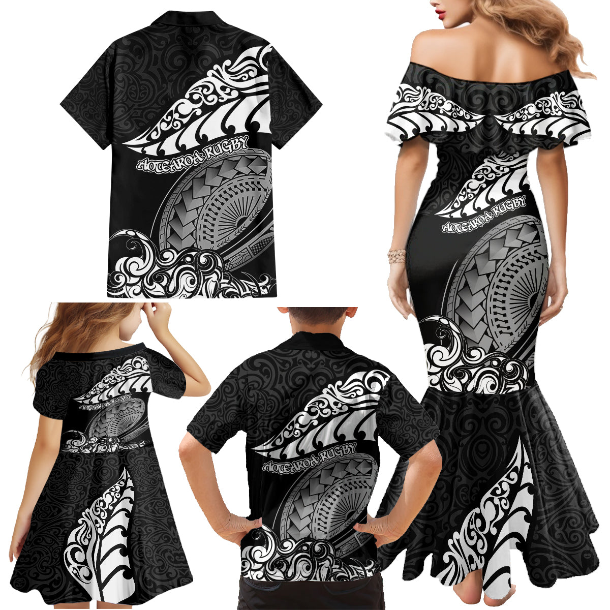 New Zealand Rugby Family Matching Mermaid Dress and Hawaiian Shirt Maori Warrior Rugby Silver Fern Tribal Pattern LT03 - Polynesian Pride