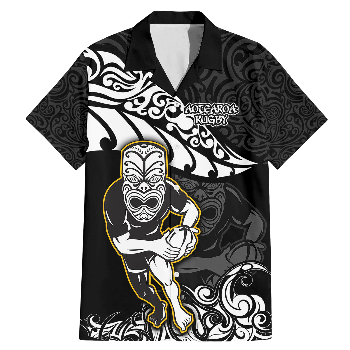 New Zealand Rugby Family Matching Mermaid Dress and Hawaiian Shirt Maori Warrior Rugby Silver Fern Tribal Pattern LT03 Dad's Shirt - Short Sleeve Black - Polynesian Pride