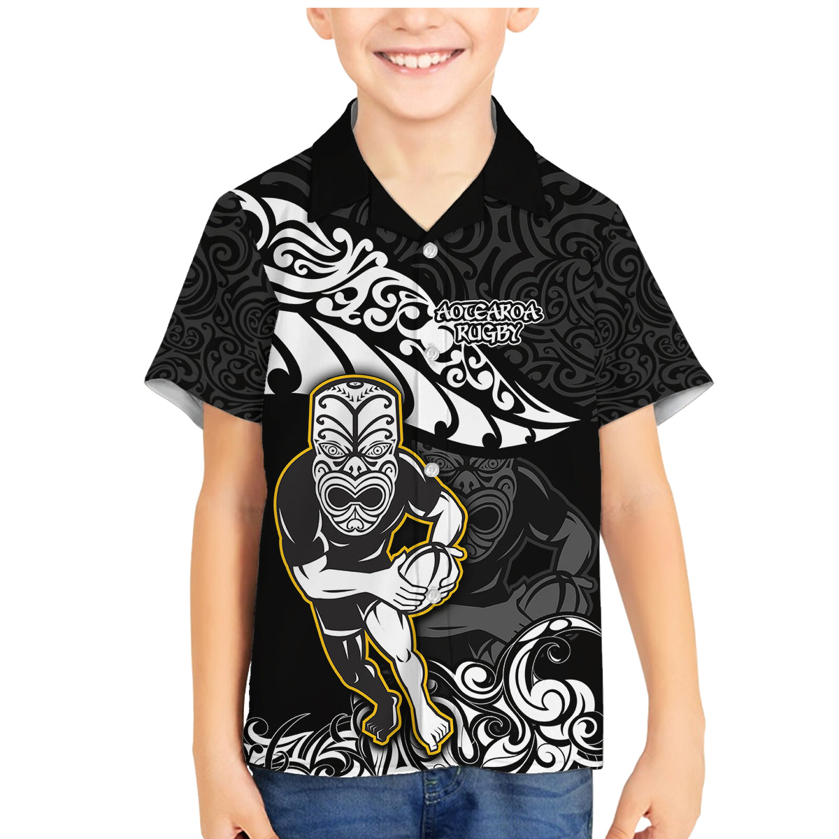 New Zealand Rugby Family Matching Mermaid Dress and Hawaiian Shirt Maori Warrior Rugby Silver Fern Tribal Pattern LT03 Son's Shirt Black - Polynesian Pride
