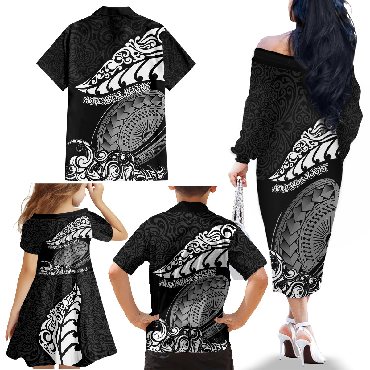 New Zealand Rugby Family Matching Off Shoulder Long Sleeve Dress and Hawaiian Shirt Maori Warrior Rugby Silver Fern Tribal Pattern LT03 - Polynesian Pride