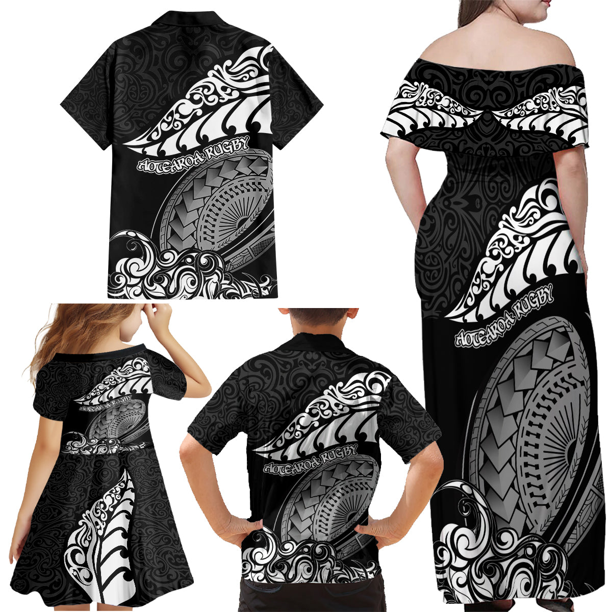 New Zealand Rugby Family Matching Off Shoulder Maxi Dress and Hawaiian Shirt Maori Warrior Rugby Silver Fern Tribal Pattern LT03 - Polynesian Pride