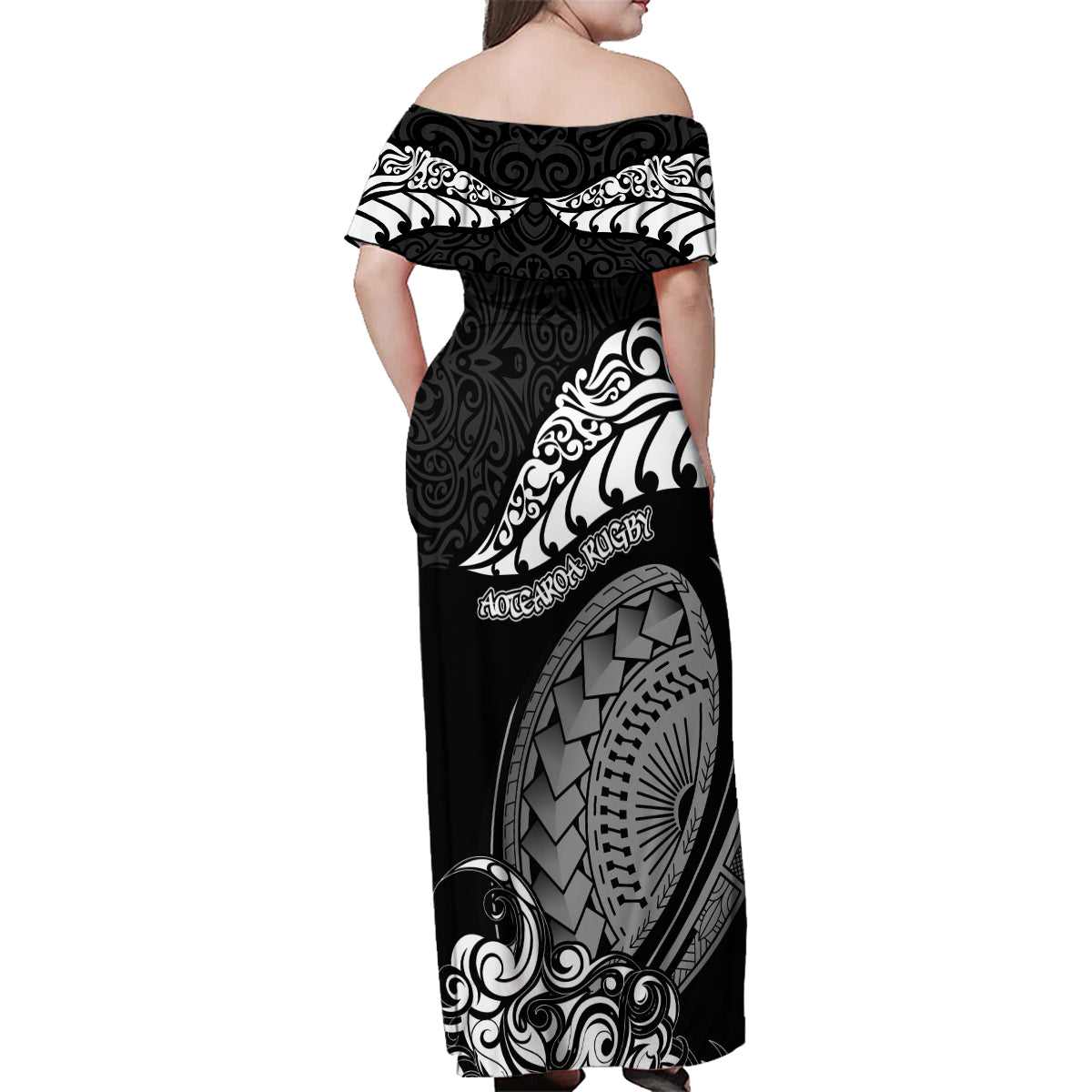 New Zealand Rugby Family Matching Off Shoulder Maxi Dress and Hawaiian Shirt Maori Warrior Rugby Silver Fern Tribal Pattern LT03 - Polynesian Pride
