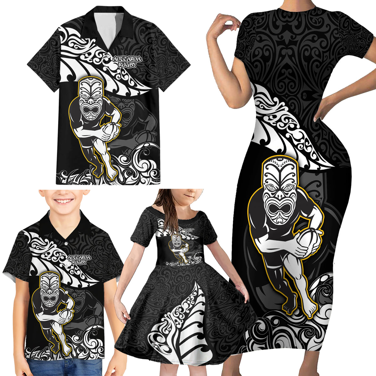 New Zealand Rugby Family Matching Short Sleeve Bodycon Dress and Hawaiian Shirt Maori Warrior Rugby Silver Fern Tribal Pattern LT03 - Polynesian Pride