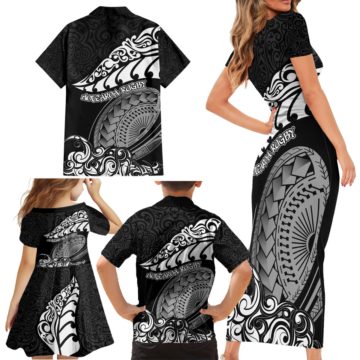 New Zealand Rugby Family Matching Short Sleeve Bodycon Dress and Hawaiian Shirt Maori Warrior Rugby Silver Fern Tribal Pattern LT03 - Polynesian Pride