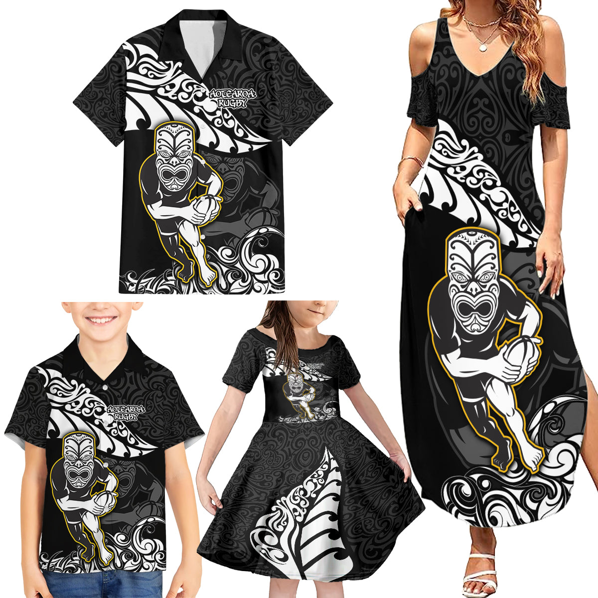 New Zealand Rugby Family Matching Summer Maxi Dress and Hawaiian Shirt Maori Warrior Rugby Silver Fern Tribal Pattern LT03 - Polynesian Pride