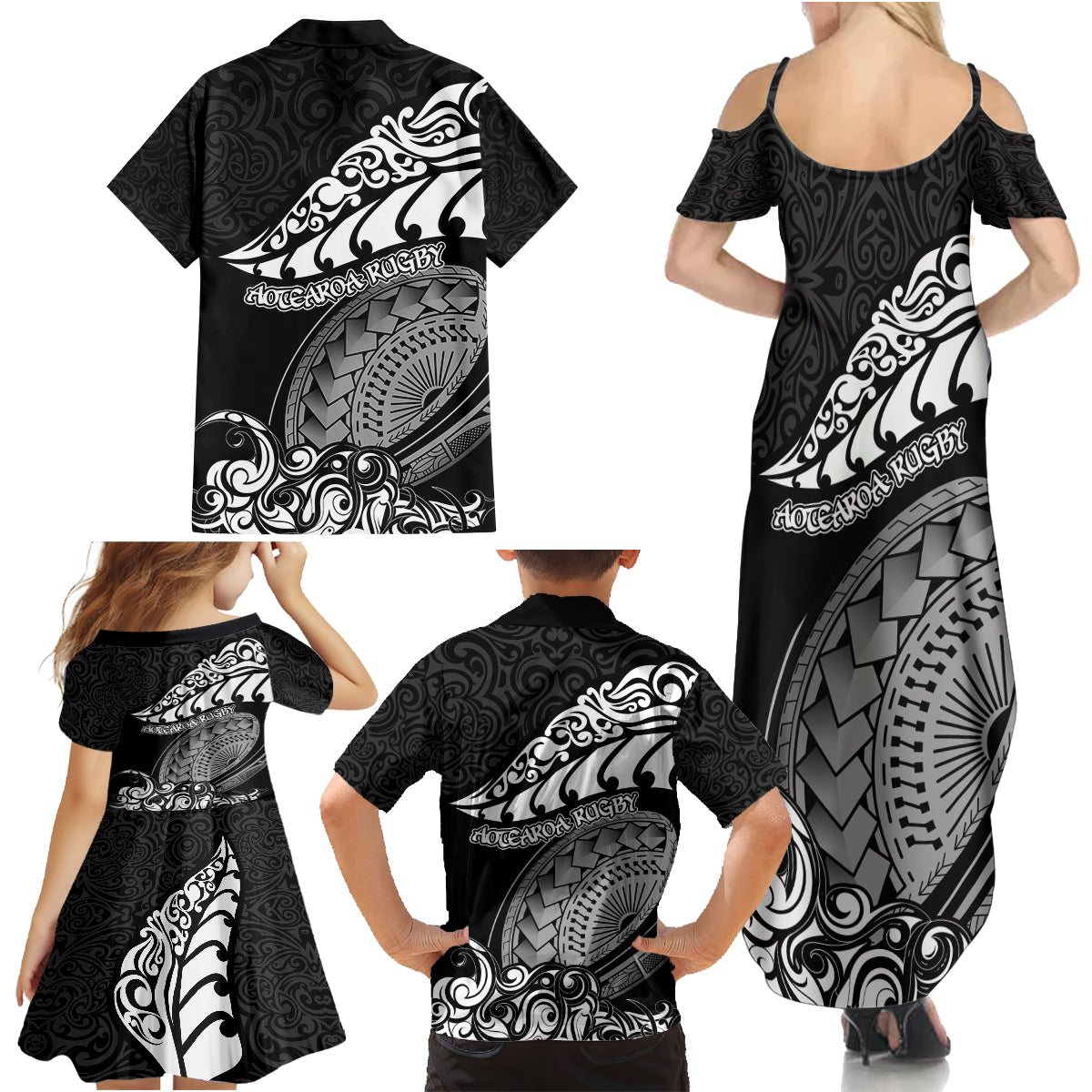 New Zealand Rugby Family Matching Summer Maxi Dress and Hawaiian Shirt Maori Warrior Rugby Silver Fern Tribal Pattern LT03 - Polynesian Pride