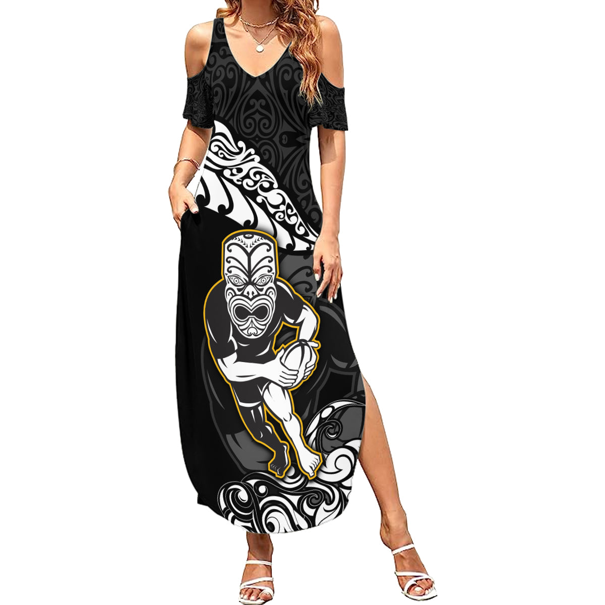 New Zealand Rugby Family Matching Summer Maxi Dress and Hawaiian Shirt Maori Warrior Rugby Silver Fern Tribal Pattern LT03 Mom's Dress Black - Polynesian Pride