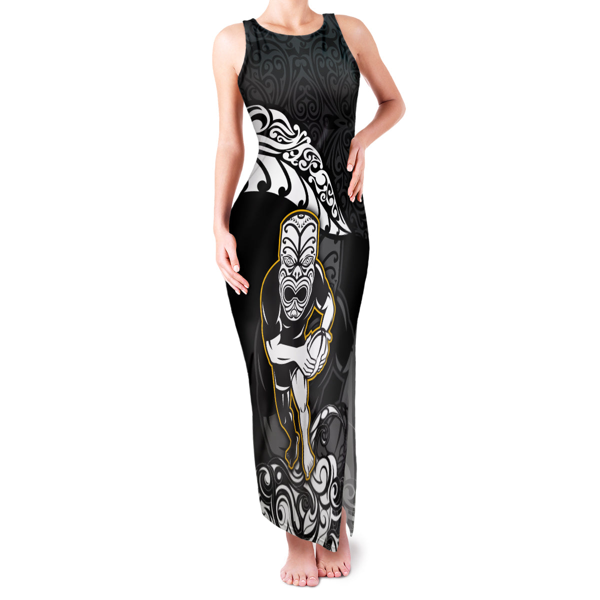 New Zealand Rugby Family Matching Tank Maxi Dress and Hawaiian Shirt Maori Warrior Rugby Silver Fern Tribal Pattern LT03 Mom's Dress Black - Polynesian Pride