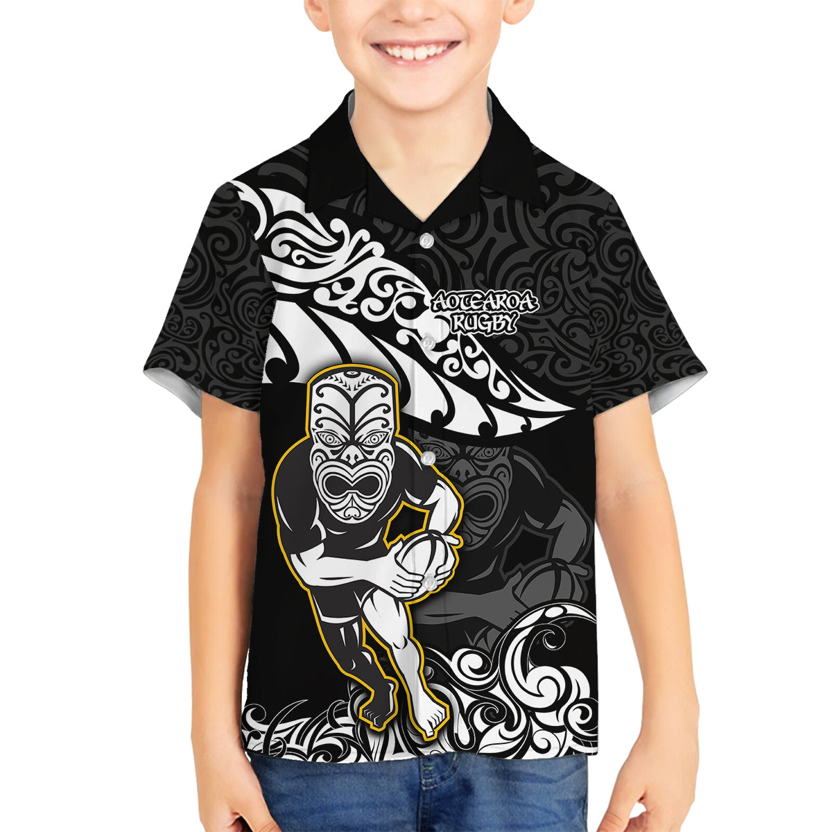 New Zealand Rugby Family Matching Tank Maxi Dress and Hawaiian Shirt Maori Warrior Rugby Silver Fern Tribal Pattern LT03 Son's Shirt Black - Polynesian Pride