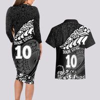 Custom New Zealand Rugby Couples Matching Long Sleeve Bodycon Dress and Hawaiian Shirt Maori Warrior Rugby Silver Fern Tribal Pattern LT03 - Polynesian Pride