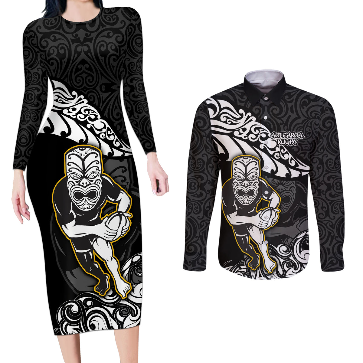 Custom New Zealand Rugby Couples Matching Long Sleeve Bodycon Dress and Long Sleeve Button Shirts Maori Warrior Rugby Silver Fern Tribal Pattern LT03 Black - Polynesian Pride