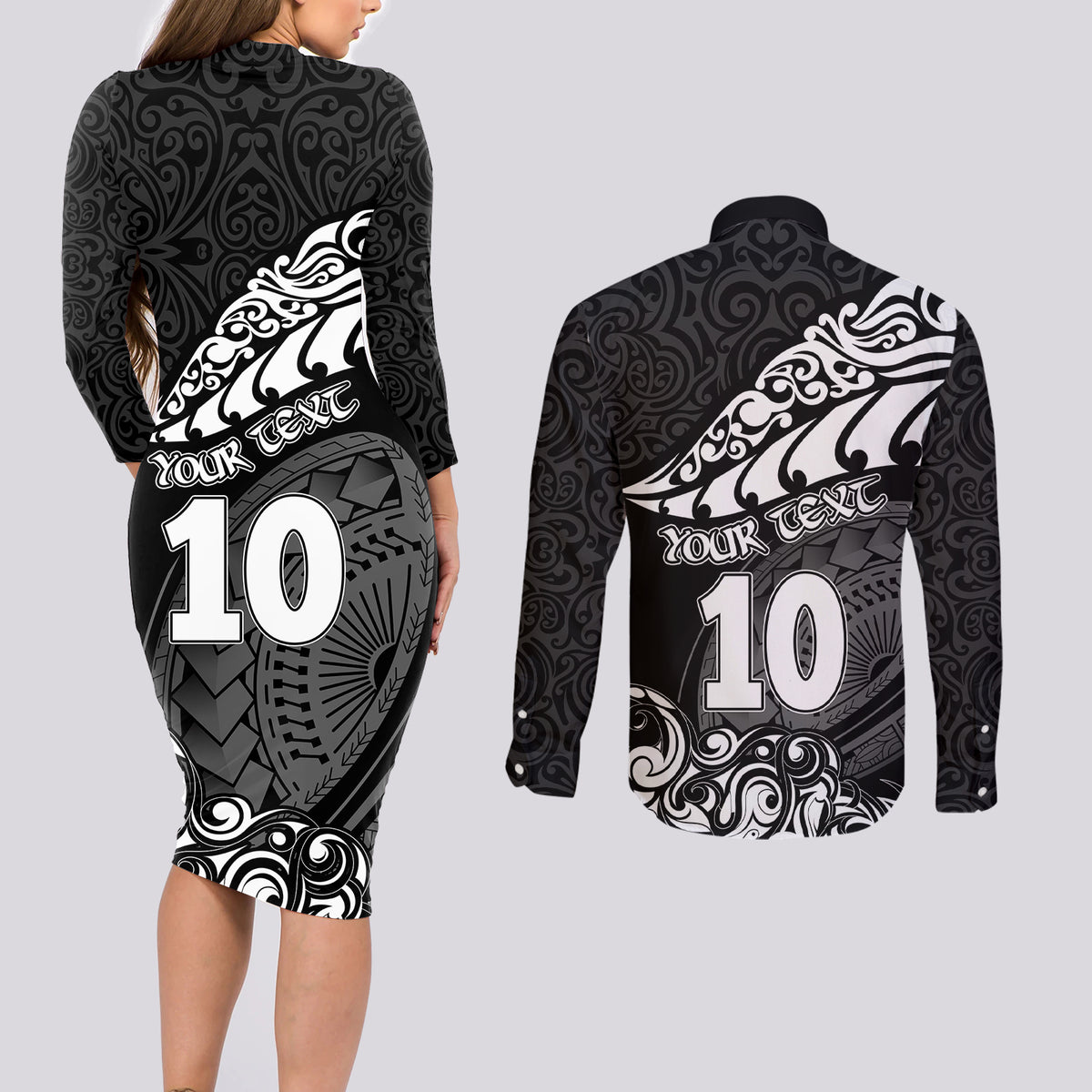 Custom New Zealand Rugby Couples Matching Long Sleeve Bodycon Dress and Long Sleeve Button Shirts Maori Warrior Rugby Silver Fern Tribal Pattern LT03 - Polynesian Pride