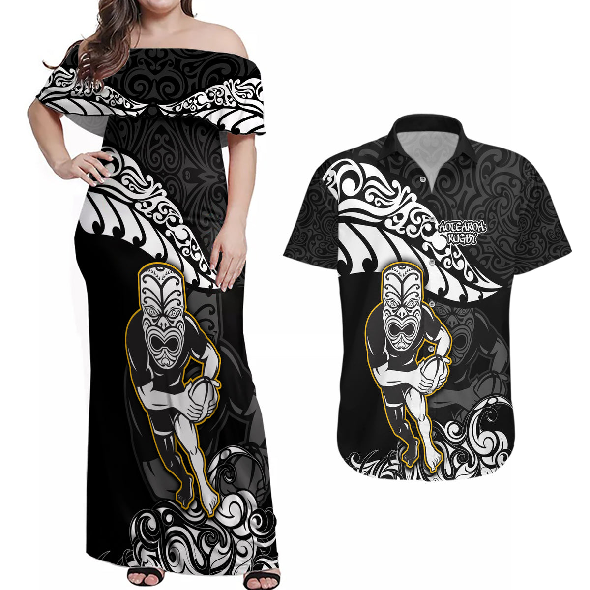 Custom New Zealand Rugby Couples Matching Off Shoulder Maxi Dress and Hawaiian Shirt Maori Warrior Rugby Silver Fern Tribal Pattern LT03 Black - Polynesian Pride