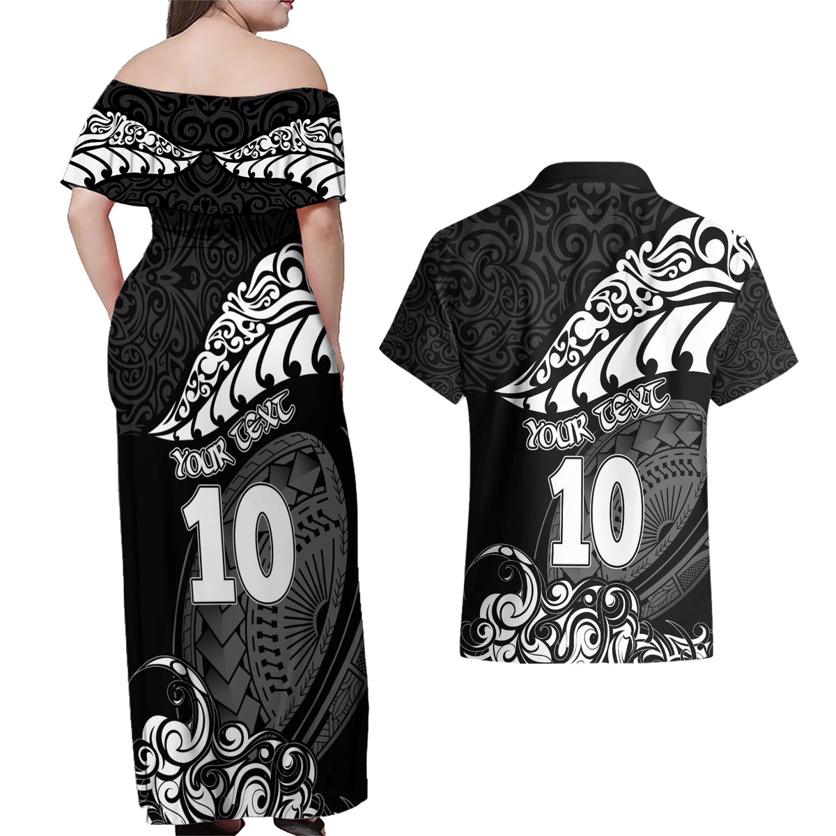 Custom New Zealand Rugby Couples Matching Off Shoulder Maxi Dress and Hawaiian Shirt Maori Warrior Rugby Silver Fern Tribal Pattern LT03 - Polynesian Pride