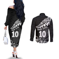 Custom New Zealand Rugby Couples Matching Off The Shoulder Long Sleeve Dress and Long Sleeve Button Shirts Maori Warrior Rugby Silver Fern Tribal Pattern LT03 - Polynesian Pride