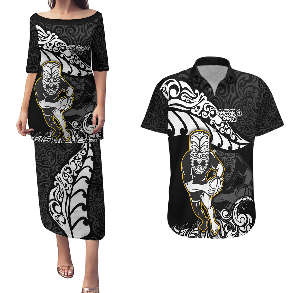 Custom New Zealand Rugby Couples Matching Puletasi Dress and Hawaiian Shirt Maori Warrior Rugby Silver Fern Tribal Pattern LT03 Black - Polynesian Pride
