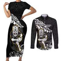 Custom New Zealand Rugby Couples Matching Short Sleeve Bodycon Dress and Long Sleeve Button Shirts Maori Warrior Rugby Silver Fern Tribal Pattern LT03 Black - Polynesian Pride