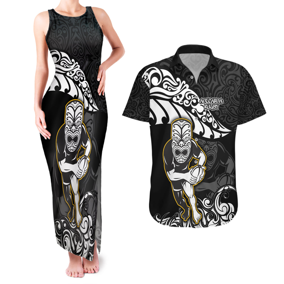 Custom New Zealand Rugby Couples Matching Tank Maxi Dress and Hawaiian Shirt Maori Warrior Rugby Silver Fern Tribal Pattern LT03 Black - Polynesian Pride
