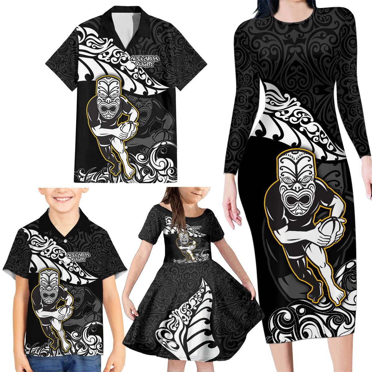 Custom New Zealand Rugby Family Matching Long Sleeve Bodycon Dress and Hawaiian Shirt Maori Warrior Rugby Silver Fern Tribal Pattern LT03 - Polynesian Pride
