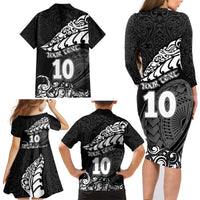 Custom New Zealand Rugby Family Matching Long Sleeve Bodycon Dress and Hawaiian Shirt Maori Warrior Rugby Silver Fern Tribal Pattern LT03 - Polynesian Pride