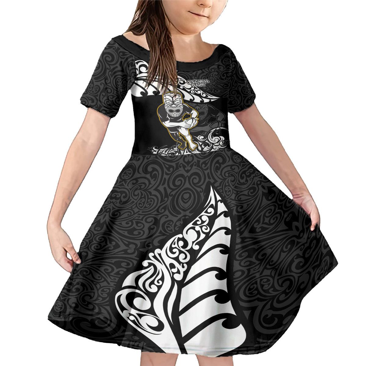 Custom New Zealand Rugby Family Matching Mermaid Dress and Hawaiian Shirt Maori Warrior Rugby Silver Fern Tribal Pattern LT03 Daughter's Dress Black - Polynesian Pride