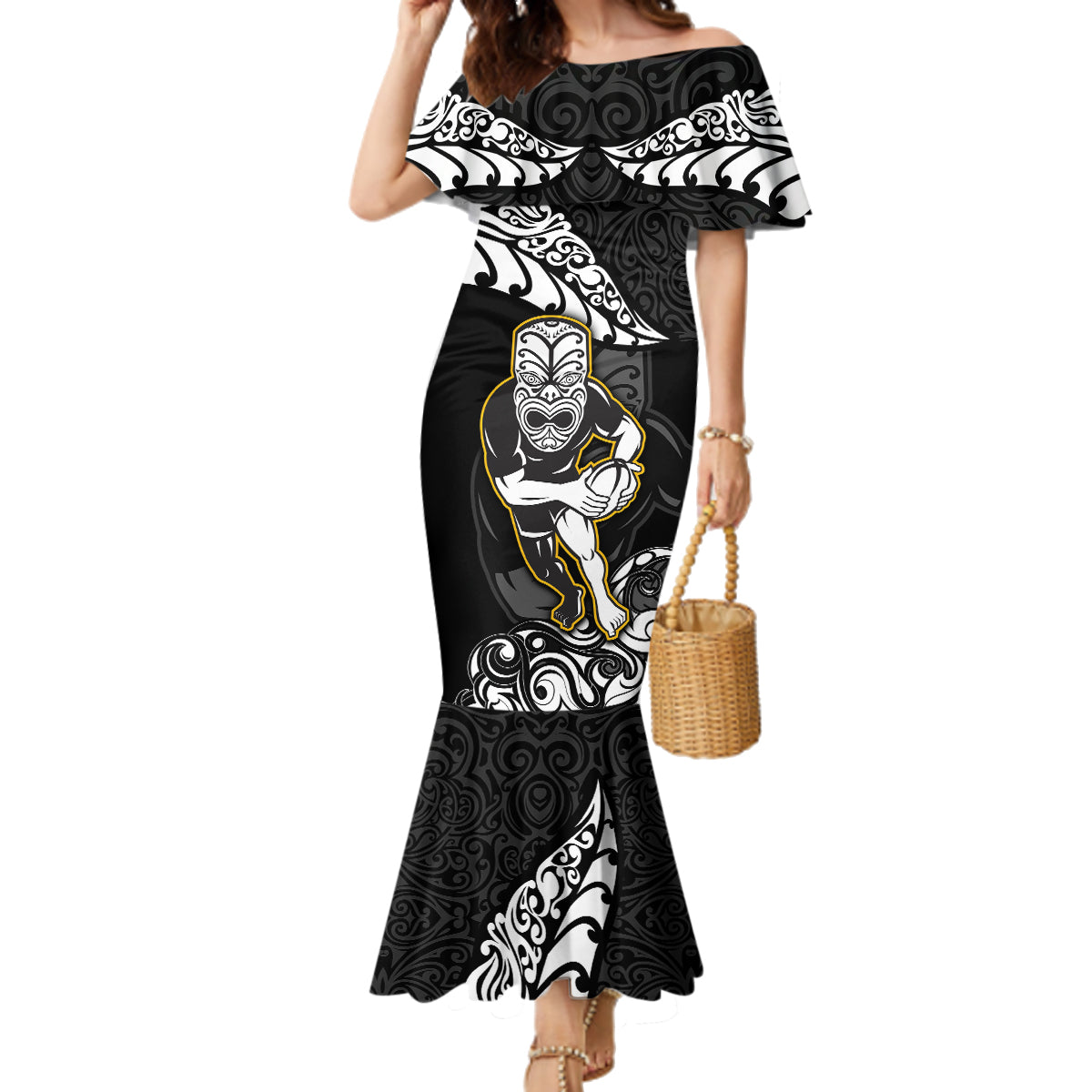 Custom New Zealand Rugby Family Matching Mermaid Dress and Hawaiian Shirt Maori Warrior Rugby Silver Fern Tribal Pattern LT03 Mom's Dress Black - Polynesian Pride