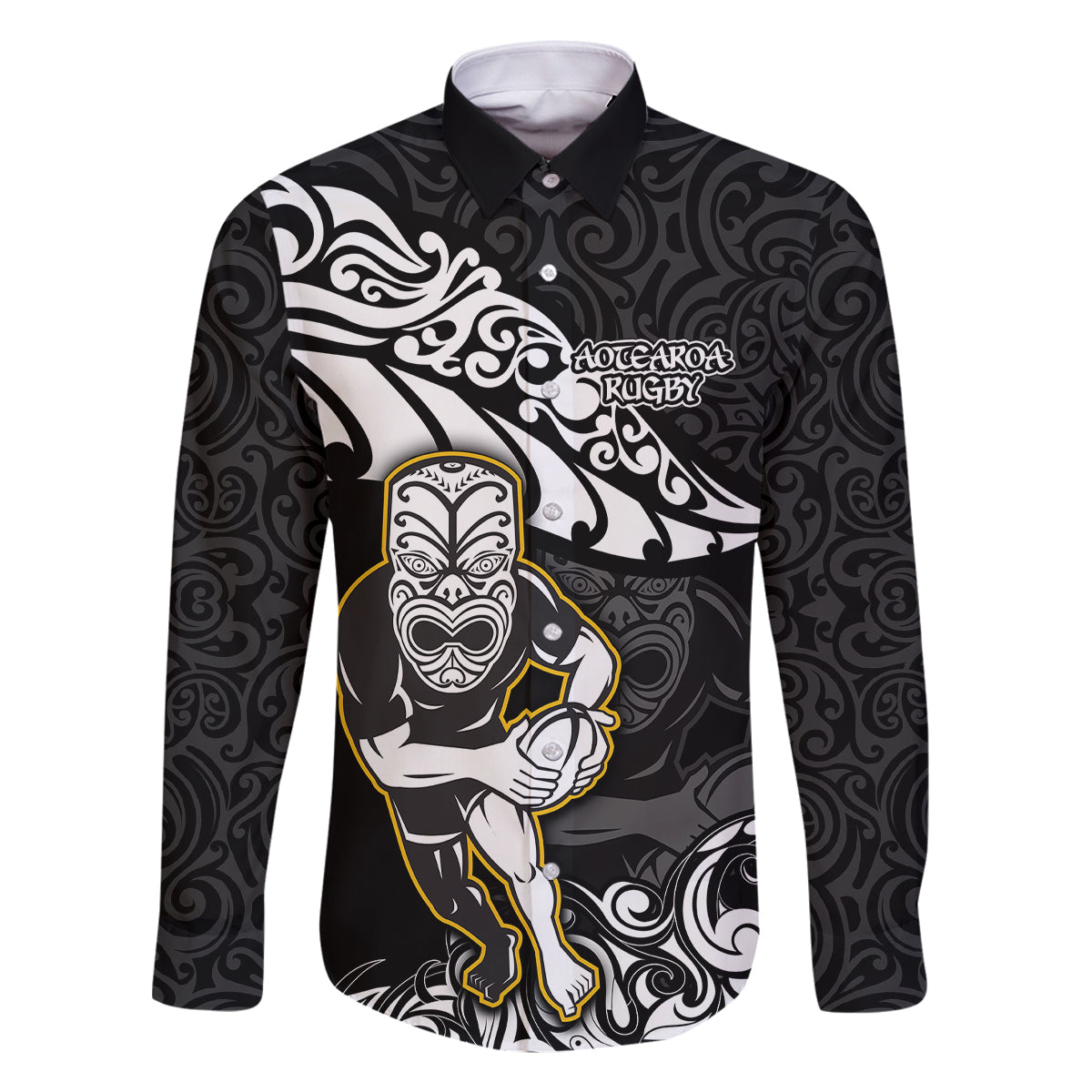 Custom New Zealand Rugby Family Matching Off Shoulder Maxi Dress and Hawaiian Shirt Maori Warrior Rugby Silver Fern Tribal Pattern LT03 Dad's Shirt - Long Sleeve Black - Polynesian Pride
