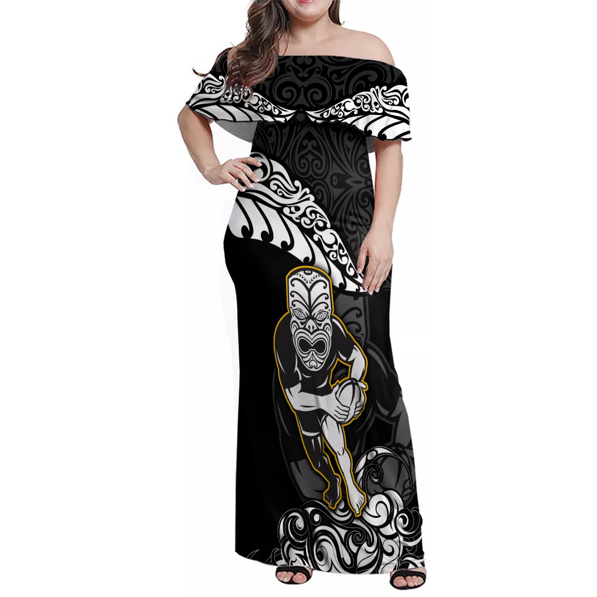 Custom New Zealand Rugby Family Matching Off Shoulder Maxi Dress and Hawaiian Shirt Maori Warrior Rugby Silver Fern Tribal Pattern LT03 Mom's Dress Black - Polynesian Pride