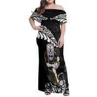 Custom New Zealand Rugby Family Matching Off Shoulder Maxi Dress and Hawaiian Shirt Maori Warrior Rugby Silver Fern Tribal Pattern LT03 Mom's Dress Black - Polynesian Pride