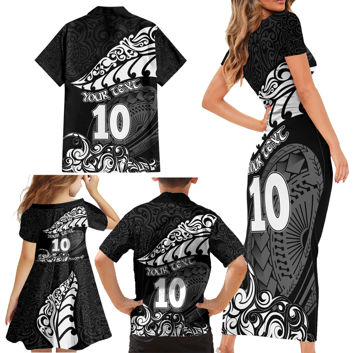 Custom New Zealand Rugby Family Matching Short Sleeve Bodycon Dress and Hawaiian Shirt Maori Warrior Rugby Silver Fern Tribal Pattern LT03 - Polynesian Pride