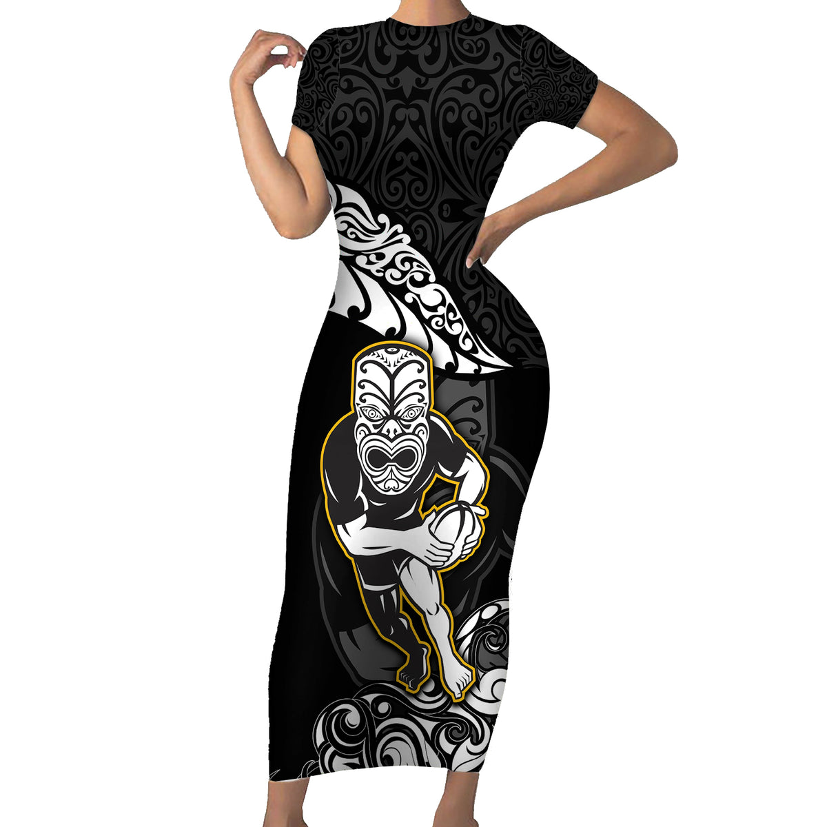 Custom New Zealand Rugby Family Matching Short Sleeve Bodycon Dress and Hawaiian Shirt Maori Warrior Rugby Silver Fern Tribal Pattern LT03 Mom's Dress Black - Polynesian Pride