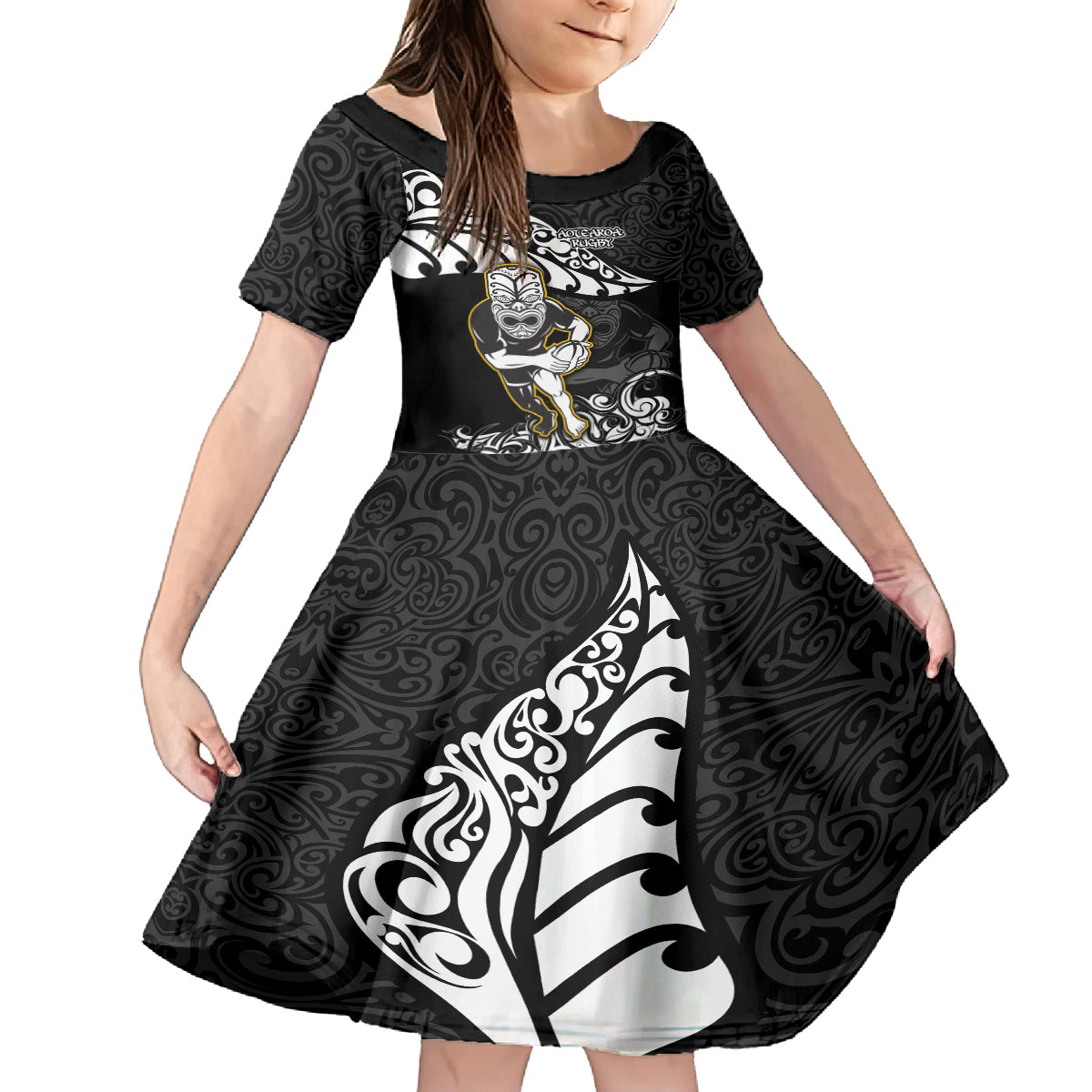 Custom New Zealand Rugby Family Matching Summer Maxi Dress and Hawaiian Shirt Maori Warrior Rugby Silver Fern Tribal Pattern LT03 Daughter's Dress Black - Polynesian Pride