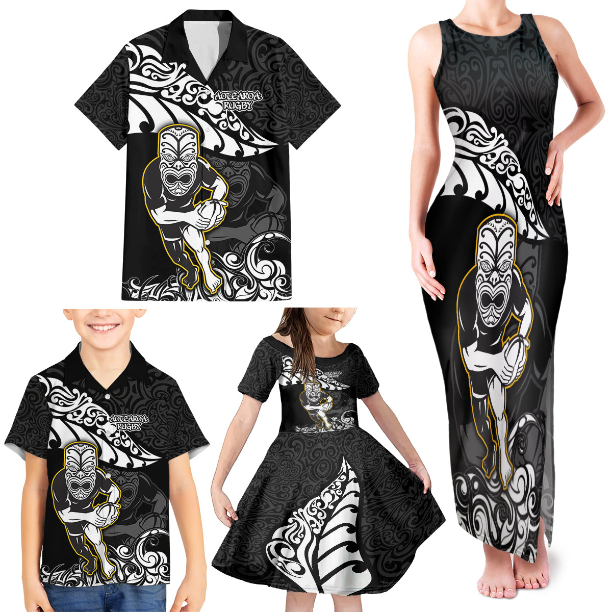 Custom New Zealand Rugby Family Matching Tank Maxi Dress and Hawaiian Shirt Maori Warrior Rugby Silver Fern Tribal Pattern LT03 - Polynesian Pride